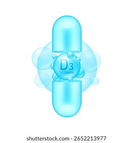 Vertical de cápsula abierta con vitamina D3 azul sobre fondo blanco. Píldora vitaminas complejo de colágeno. Se utiliza para diseñar productos cosméticos o suplementos dietéticos. Vector 3D.