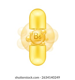 Open capsule vertical with orange vitamin B6 on white background. Pill vitamins complex collagen. Used for design cosmetic or dietary supplement products. 3D vector.