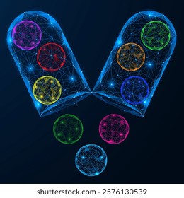 An open capsule with vitamin balls falling out of it. Polygonal design of lines and dots. Blue background.