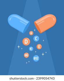 Open capsule with vitamins on a blue background, flat vector illustration