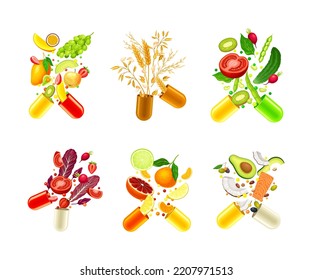 Open capsules with fruit, vegetables, cereals and herbal plants set. Vitamins and supplements cartoon vector illustration