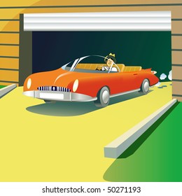 Open car riding  from  garage.  Vector illustration.