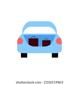 Open car trunk with shopping bag. Loading purchases into the trunk of a car. Trendy flat isolated symbol used for: illustration, logo, ad, mobile, app, design, web, dev, ui, ux, gui. Vector EPS 10