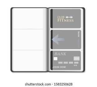 Open card holder book with clear plastic individual interior pockets and cards inside, realistic vector illustration.