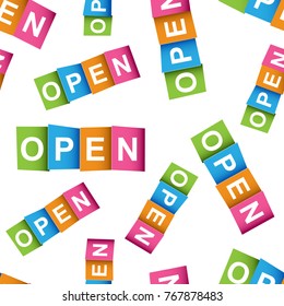 Open card seamless pattern background. Business flat vector illustration. Open sign symbol pattern.