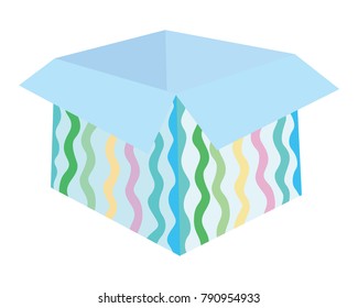 Open cardboard blue box with wavy color lines