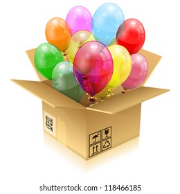 Open Cardboard Box with 3D Transparent Birthday Balloons with Streamer, isolated on white, easy change color, vector illustration