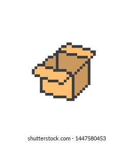 Open cardboard box, 8 bit pixel art icon isolated on white background. Old school vintage 2d video game/slot machine graphics. Shipping service logo. Package symbol. Delivery sign. Parcel pictogram.