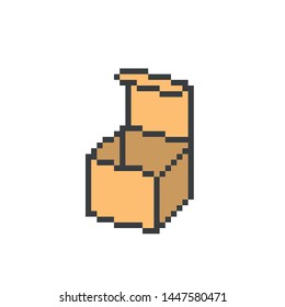 Open cardboard box, 8 bit pixel art icon isolated on white background. Old school vintage 2d video game/slot machine graphics. Shipping service logo. Package symbol. Delivery sign. Parcel pictogram.