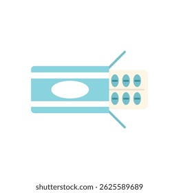 Open cardboard box with blister containing round blue pills for healthcare treatment