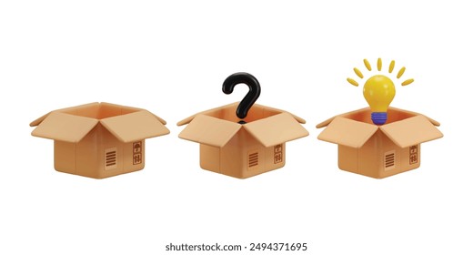 Öffnen Sie Karton mit Glühbirne Idee Symbol und Mystery Box Symbol 3D Render Konzept der Knowledge Box Vektorillustration