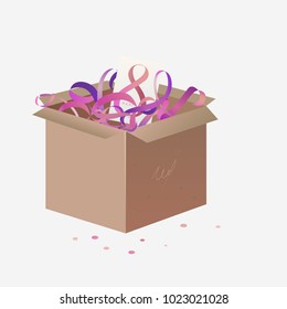 An open cardboard box with a card and pink ribbons for a woman's day on March 8