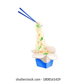 Open Cardboard Box with Chopsticks and Chinese Udon Noodle Vector Illustration