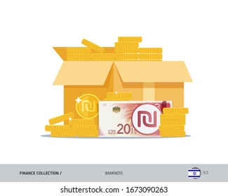 Open cardboard box with coins and 20 Israeli New Shekel banknote. Flat style vector illustration.