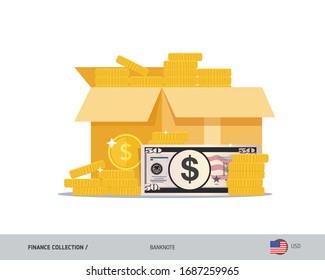 Open cardboard box with coins and 50 US Dollar banknote. Flat style vector illustration.