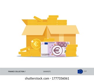 Open cardboard box with coins and 500 Euro banknote. Flat style vector illustration.