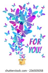 Open cardboard box with colorful butterflies flying