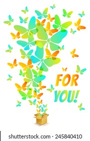 Open cardboard box with colorful butterflies flying