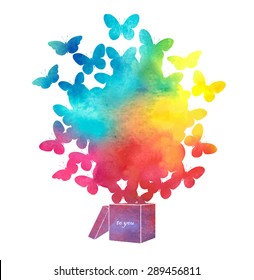 Open cardboard box with colorful butterflies flying.Gift-butterfly