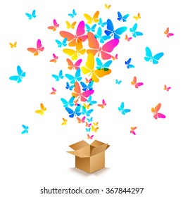 Open cardboard box with colorful butterflies flying