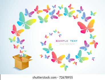 Open cardboard box with colorful butterflies flying