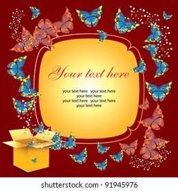 Open cardboard box with colorful butterflies flying