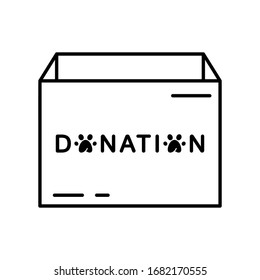 Open cardboard box or container with donation text. Charity for animals, pets, wildlife. Black line art icon or template for poster, banner. Contour isolated vector illustration on white background