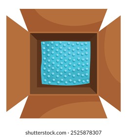 Open cardboard box containing blue bubble wrap for protecting fragile objects during shipping