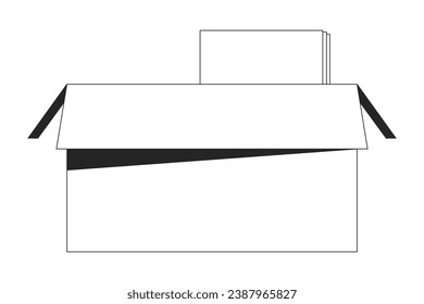 Abrir una caja de cartón con documentos en blanco y negro objeto de caricatura de línea 2D. Parcela de empaquetado con papel aislado elemento de contorno vectorial. Documentación de embalaje monocromática de la ilustración plana
