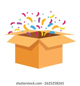 Abrir caixa de papelão explodindo com confetes coloridos no fundo branco