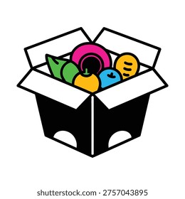 An open cardboard box filled with various colorful, simplified items, possibly including fruits, vegetables, and a dish, depicted in a graphic, cartoon style.