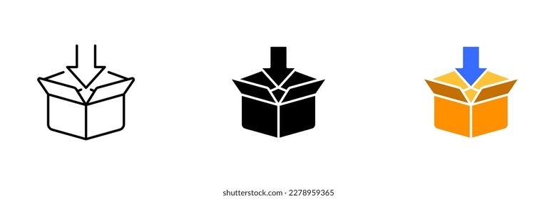 An open cardboard box with flaps folded back, revealing its contents. The box is brown in color and has a simple design. Vector set of icons in line, black and colorful styles isolated.