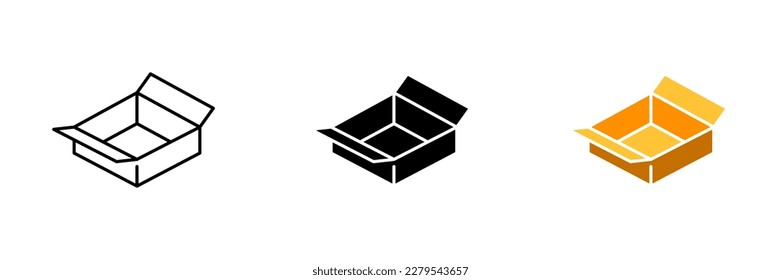 An open cardboard box with flaps folded back, revealing its contents. The box is brown in color and has a simple design. Vector set of icons in line, black and colorful styles isolated.