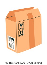 Open cardboard box flat icon Fragile sticker and bill of lading. Vector illustration
