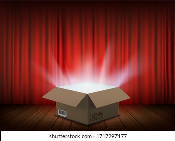 Open cardboard box with a glow inside. Cargo delivery and courier service. Vector illustration.