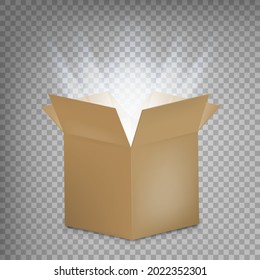 Open cardboard box with a glow inside.  Open box with the outgoing light. Vector illustration. Eps 10.