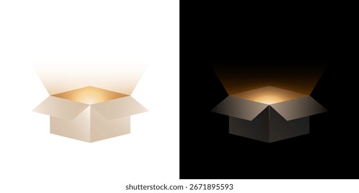 Open cardboard box with glowing light inside on white and black background