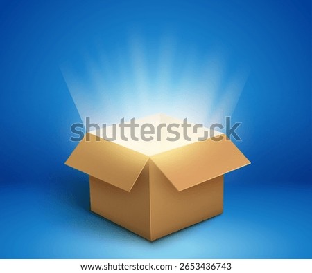 Open cardboard box with glowing light beams shining from inside on blue background symbolizing mystery surprise or discovery concept.