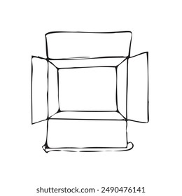 Open cardboard box hand drawn doodle. The box is viewed from above, with the flaps folded back and the inside of the box visible. The drawing is done in black ink on a white background.