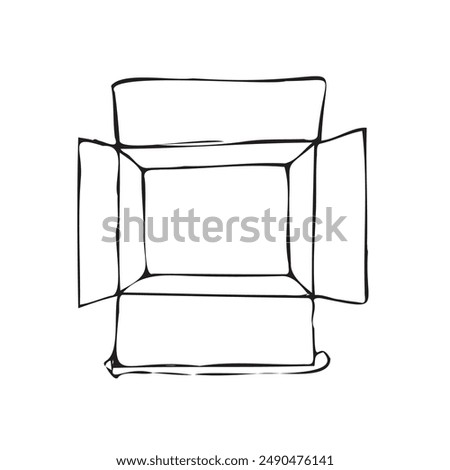 Open cardboard box hand drawn doodle. The box is viewed from above, with the flaps folded back and the inside of the box visible. The drawing is done in black ink on a white background.