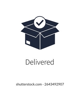 An open cardboard box icon with a checkmark above it, symbolizing successful delivery status or goods received. Perfect for indicating order completion, delivery confirmation, or logistics services.