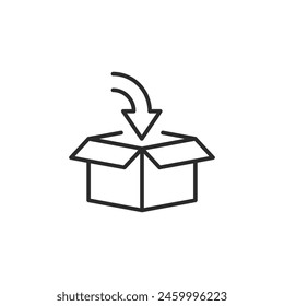 Open cardboard box icon with a downward arrow, symbolizing unpacking or downloading. Ideal for illustrating packaging, shipping, and delivery concepts in e-commerce platforms. Vector illustration