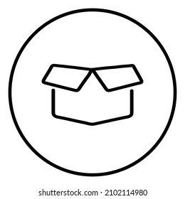 Open cardboard box icon, line icons, in circle, black outline.
