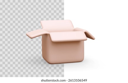Open Cardboard Box Icon in Soft 3D Cartoon Style, Perfect for Apps, Logistics, or Storage Concepts. Modern Minimal Design on Transparent Background. Vector Illustration.