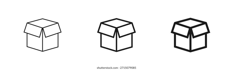 Abra el icono de la caja de cartón en estilos de contorno delgados, regulares y en negrita. Embalaje de papel de Transporte. Desembalaje, entrega, concepto de almacenamiento. Para ui ux, Diseño web, App móvil. Ilustración vectorial aislada