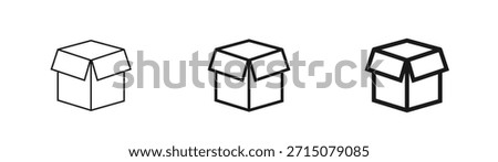 Open cardboard box icon in thin, regular, and bold outline styles. Transportation paper packaging. Unpacking, delivery, storage concept. For ui ux, web design, mobile app. Isolated vector illustration