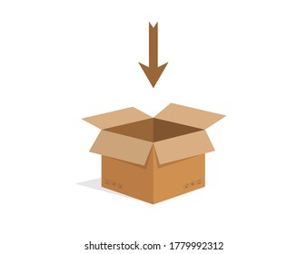 Open cardboard box. Isolated carton shipping container. Delivery cardbox in brown color and flat design. Empty box with arrow above. Tamplate of blank package. Modern mockup. EPS 10.