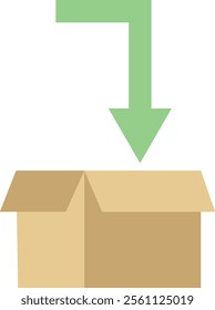 Open cardboard box with a large green arrow pointing downward into the box.