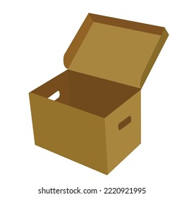 open cardboard box with a lid and slots for gripping, a box for moving or for papers, an isolated object on a white background, vector illustration, eps