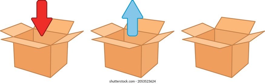 Open cardboard box mockup set with loading and unloading arrows. Delivery carton. Brown box with red and blue arrows. 